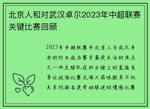北京人和对武汉卓尔2023年中超联赛关键比赛回顾